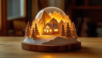 Illuminated snow globe scene.  Small, cozy cabin nestled in snowy mountains, inside a glass dome, warm lighting