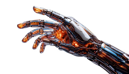 Futuristic Robotic Hand with Glowing Fingers Representing Artificial Intelligence and Automation on White Background