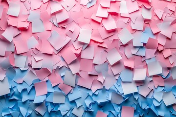 Pink and blue sticky notes arranged in a gradient on a white surface, creating a textured background