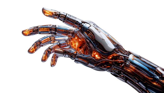 Futuristic Robotic Hand with Glowing Fingers Representing Artificial Intelligence and Automation on White Background