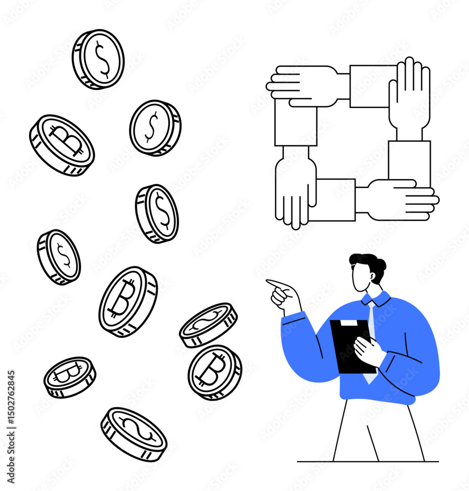 Aufkleber coins representing dollar and bitcoin floating beside connected hands showing teamwork and collabora