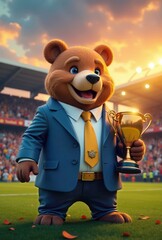 An anthropomorphic bear in a sleek suit, holding a golden trophy, surrounded by a cheering crowd in a stadium with a cityscape and sunset backdrop