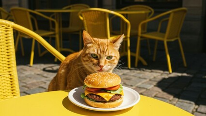 Ginger cat and hamburger on a cafe table