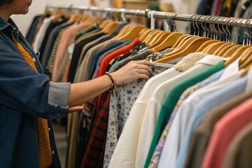 Woman Browsing Colorful Clothing on Wooden Hangers in a Vintage Clothing Store
