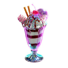 Exquisite Dessert: A lavish sundae towers in a clear glass, artfully layered with vibrant components and a glistening cherry crowning the indulgence, showcasing a culinary delight