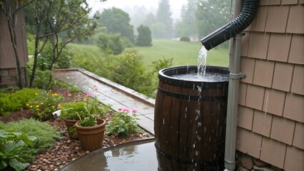 Rainwater Harvesting in a Wooden Barrel during a Summer Storm