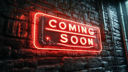 A glowing neon COMING SOON sign in bright red mounted
