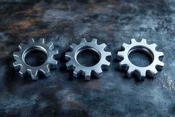 Three interlocking gears symbolizing teamwork, innovation, and the mechanics of success in an industrial setting