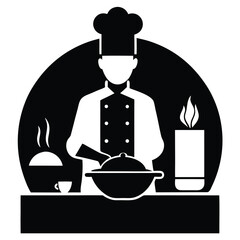 Silhouette of a chef cooking in front of stove, black silhouette