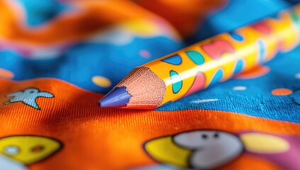 Obraz premium Close-up of colorful crayon on patterned fabric