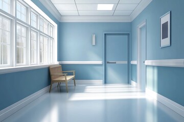 Light-filled, light-blue hospital corridor with bench