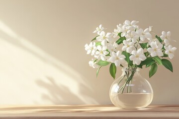 White flowers in a clear vase, sunlit room
