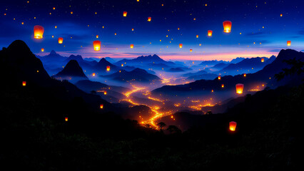 Surreal Yi Peng festival scene with glowing lanterns over Thai mountains
