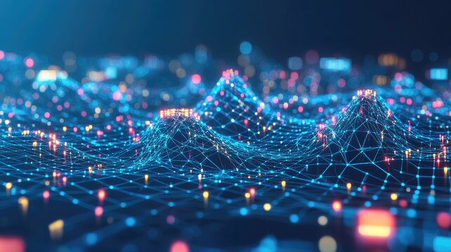 Abstract digital landscape of interconnected nodes and data points forming peaks and valleys, illuminated with vibrant colors