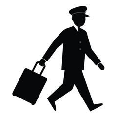 Silhouette of a pilot walking with suitcase, black on white
