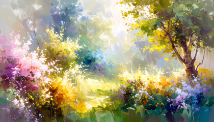 A vibrant, impressionistic depiction of a sunlit garden filled with colorful flowers.