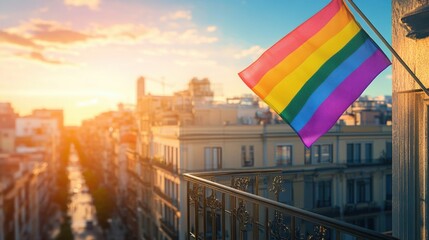 Rainbow Pride Flag Hanging from Balcony in Urban Neighborhood – Symbol of LGBTQIA+ Visibility, Love, and Inclusion in Everyday City Life and Residential Community Spaces