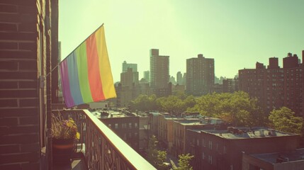 Rainbow Pride Flag Hanging from Balcony in Urban Neighborhood – Symbol of LGBTQIA+ Visibility, Love, and Inclusion in Everyday City Life and Residential Community Spaces