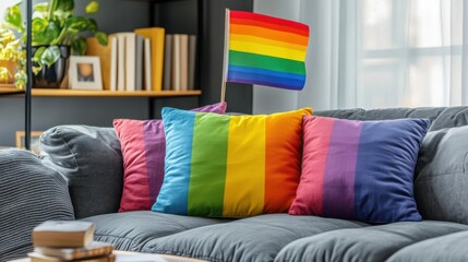 Cozy Living Room with Pride Decor – Warm and Inclusive Atmosphere Celebrating LGBTQIA+ Identity, Diversity, and Love in a Stylish and Welcoming Home Interior Setting
