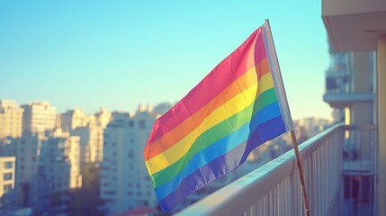 Rainbow Pride Flag Hanging from Balcony in Urban Neighborhood – Symbol of LGBTQIA+ Visibility, Love, and Inclusion in Everyday City Life and Residential Community Spaces