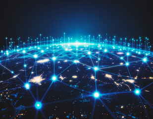 Obraz premium Global Network Connecting Cities Digital Communication Worldwide Technology Earth Blue Background for Future
