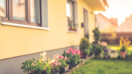Sunny yellow house with blooming flowers, warm summer charm