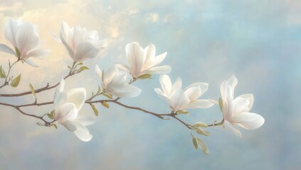 Delicate magnolia blossoms against a soft pastel sky
