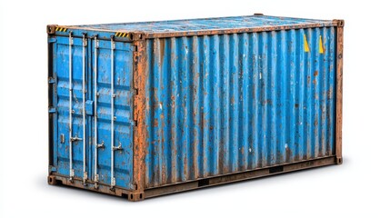 Rusty Blue Metal Shipping Container on White Background