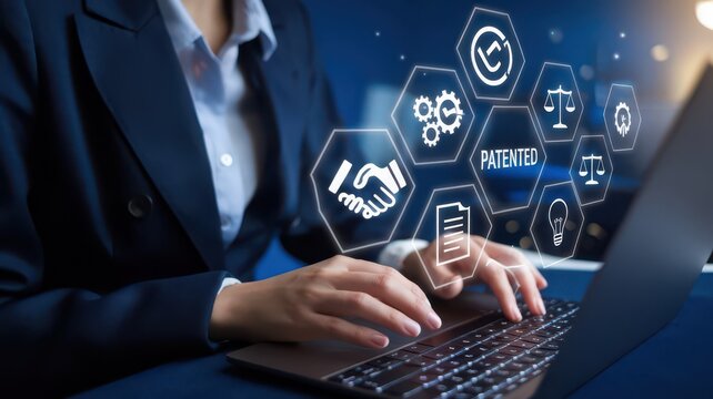 Businesswoman securing intellectual property with advanced technology interface