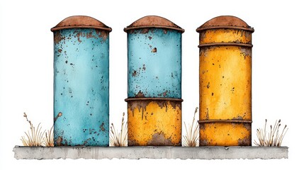 Rusty Metal Silos Watercolor Illustration