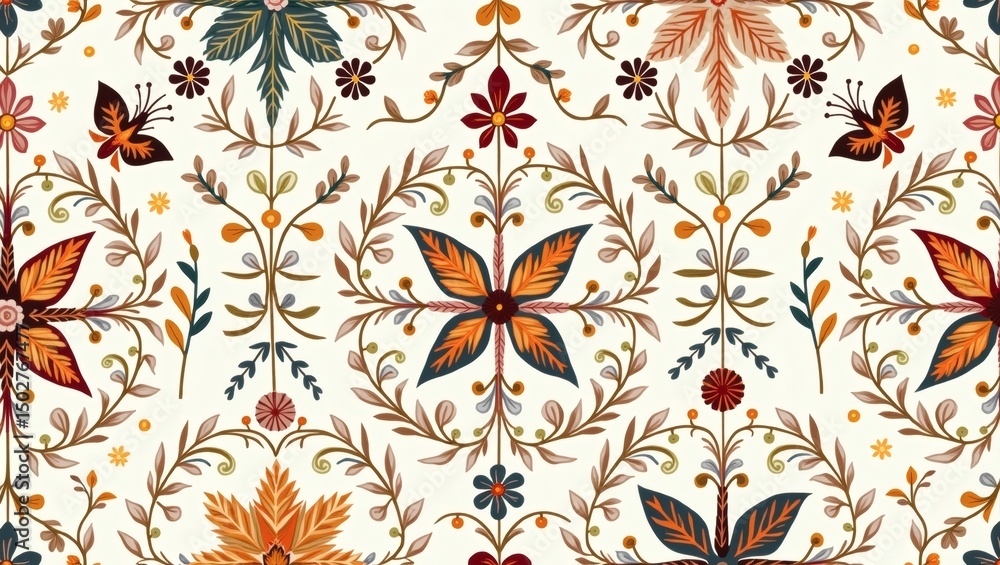 Poster floral seamless pattern design featuring a intricate arrangement of botanical elements, exuding a se