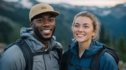 A diverse couple enjoying a scenic mountain adventure