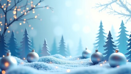 A serene winter scene with Christmas ornaments. The snowy landscape is illuminated by soft light