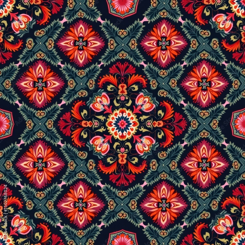 Poster a colorful ornate textile design with symmetrical floral patterns and vibrant color palette. The design features intricate details and a rich visual texture.