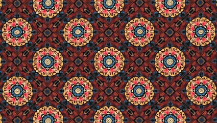 Seamless intricate pattern with symmetrical circular floral design, ideal for fabric, wallpaper, or textile decoration. The image is rich in detail, featuring a tapestry of colors and shapes