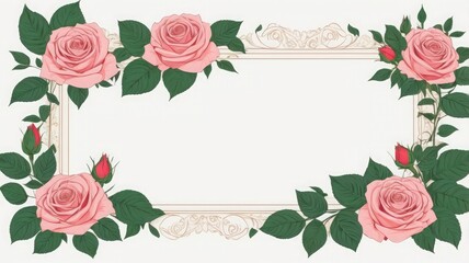 Vintage Rose Border with Green Leaves