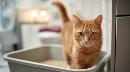 Curious orange cat exploring a litter box in a domestic bathroom setting, expressing natural feline behavior at home.