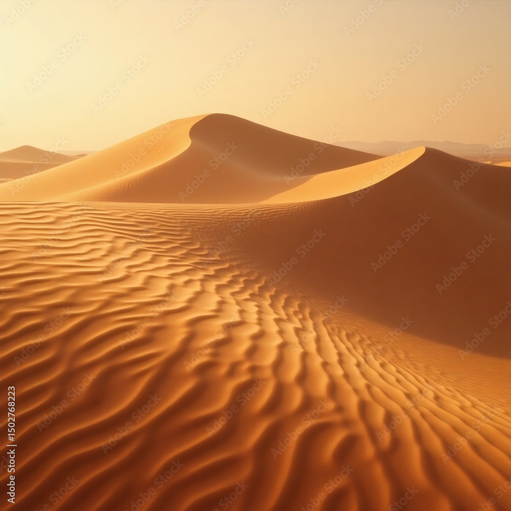 Poster golden sand dunes under the warm light of the desert sun. the wind has sculpted the sand, creating b