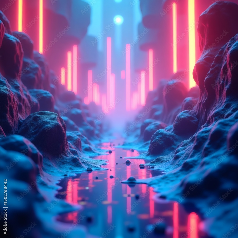 Poster a digital art image of a futuristic landscape with glowing neon lights and a river through rocky ter