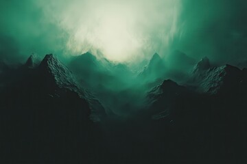 Eerie green mountains shrouded in mist, a pale light glowing in the distance
