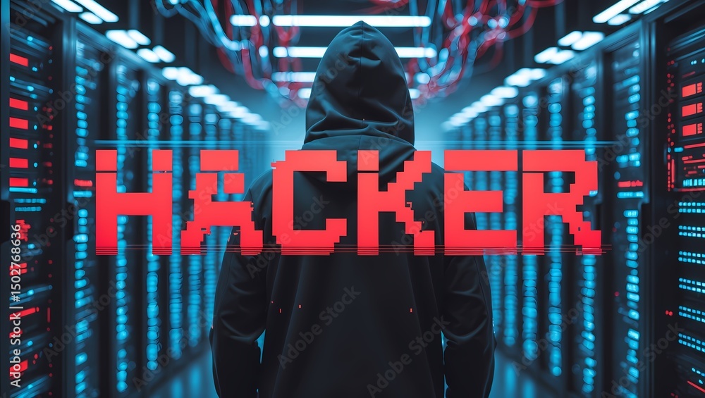 Poster cybersecurity threats, a mysterious figure standing within a high-tech server room, and a pixelated 