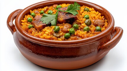 Savory Yellow Rice with Peas and Meat in Rustic Brown Bowl