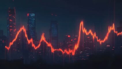 Night cityscape overlaid with a dramatic, fiery stock market graph
