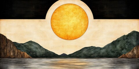 Scenic Landscape Illustration Featuring Sun Disc Over Water and Mountains Under a Dark Sky