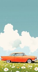 Fototapeta premium Retro orange car in a field of daisies under a pastel sky