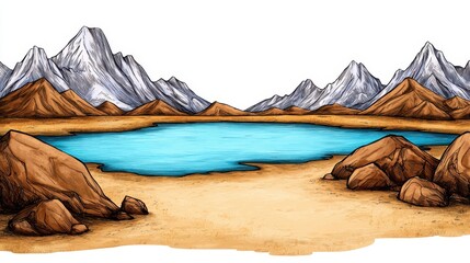 Scenic Pixel Art Panorama with Blue Lake Golden Sand and Snow Capped Mountains