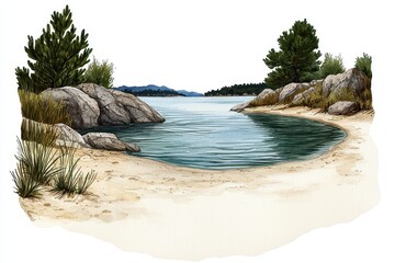 Secluded Cove Illustration with Blue Water Sandy Beaches and Evergreen Trees