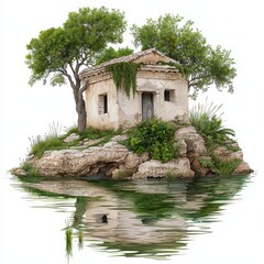 Secluded Stone House on a Verdant Island Reflecting in Calm Water