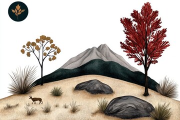 Serene Autumn Landscape Painting Grey Mountain, Red and Yellow Trees, Beige Field