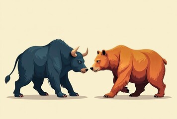 Illustration of bull and bear locked in a symbolic stare-down, modern financial editorial art